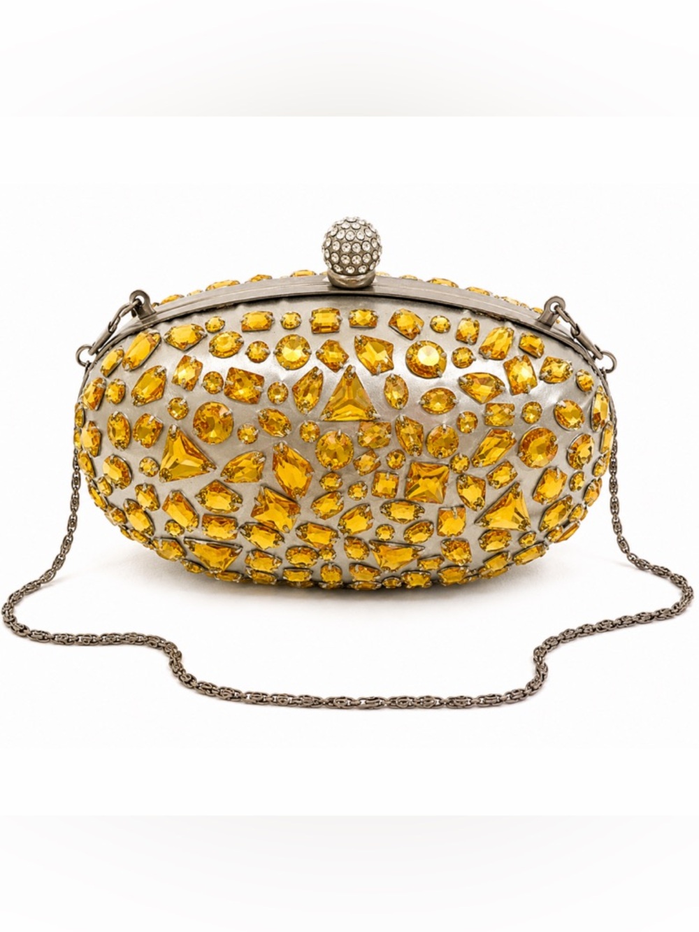 Yellow Rhinestone Crystal Evening Clutch Purse Silver Chain Formal Wedding Prom